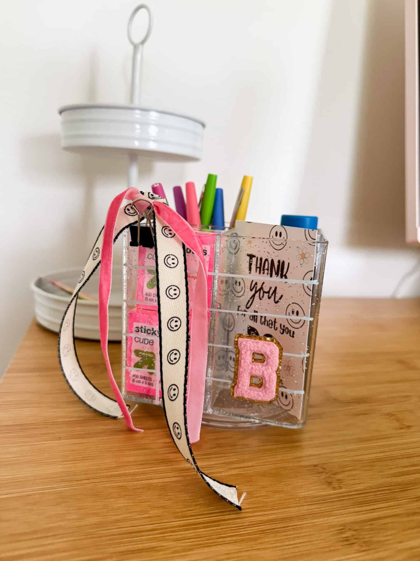 customized gift for teachers- a personalized caddy filled with gifts and a printable tag