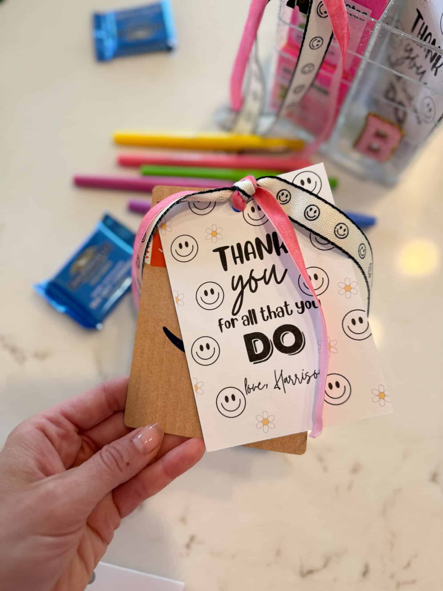 customized gift for teachers- a personalized caddy filled with gifts and a printable tag