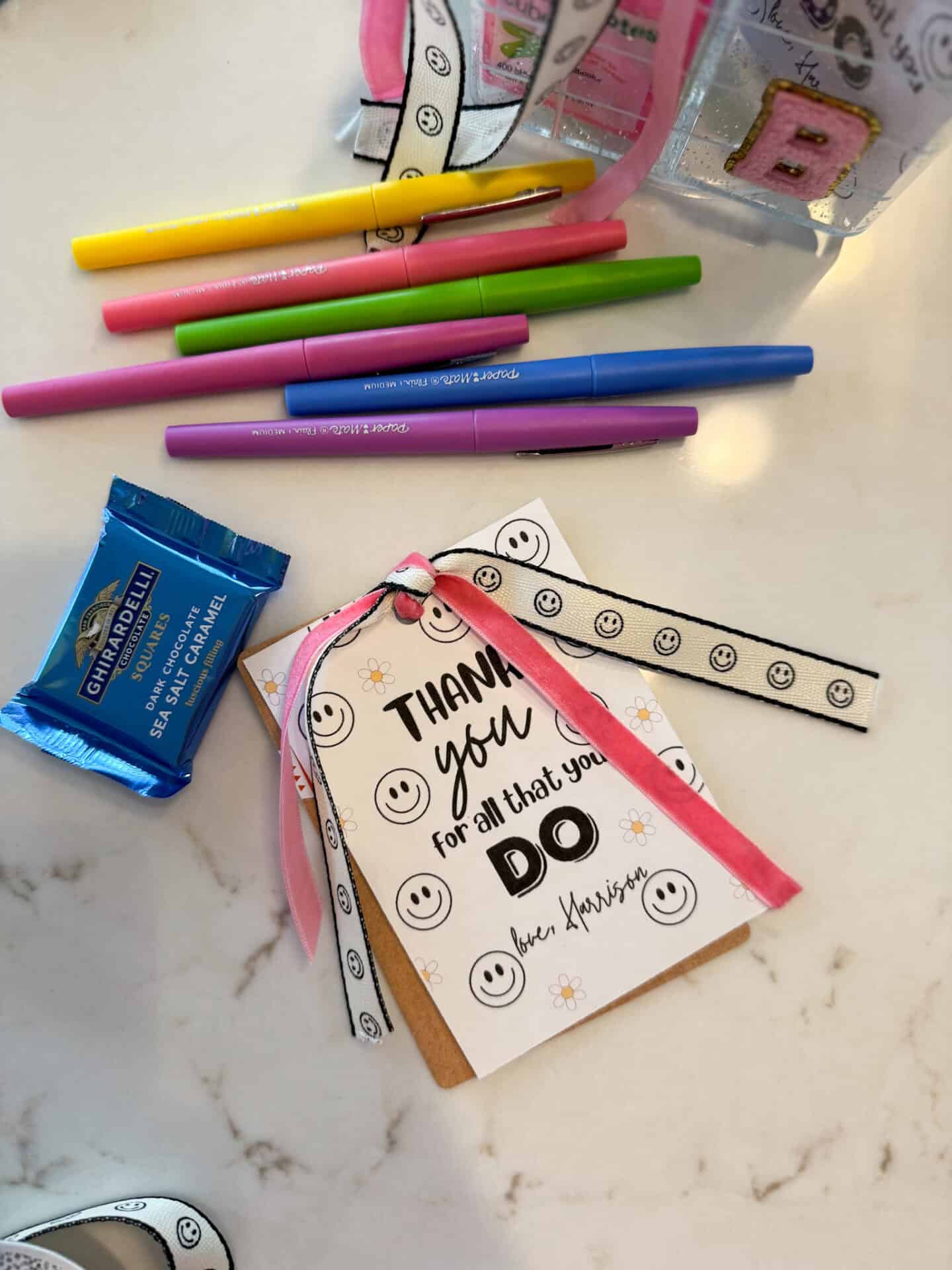 customized gift for teachers free printable tag with papermate flair pens and chocolates