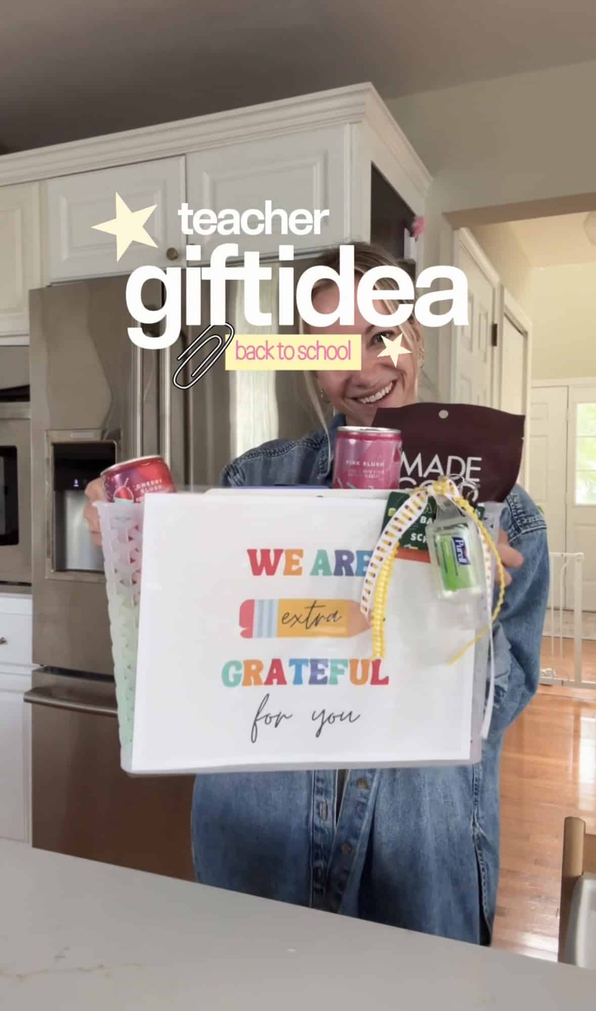 back to school teacher gift idea - mom holding basket filled with supplies and printable sign