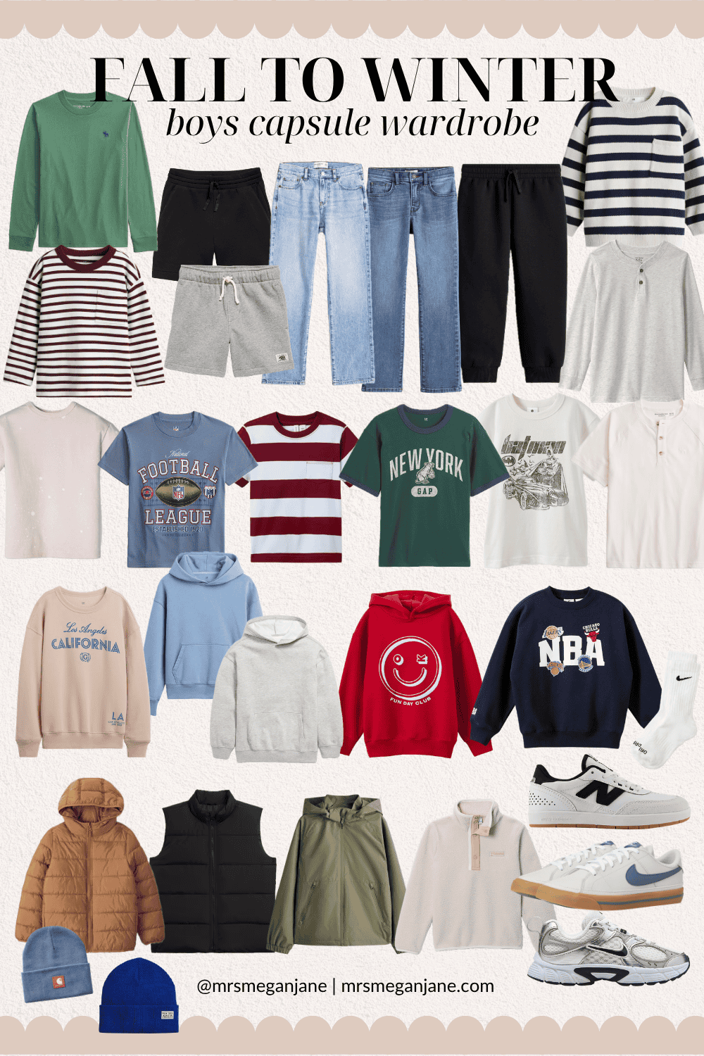 Boys capsule wardrobe for fall 2026 with 26 back to school clothing pieces in cream, navy, and denim