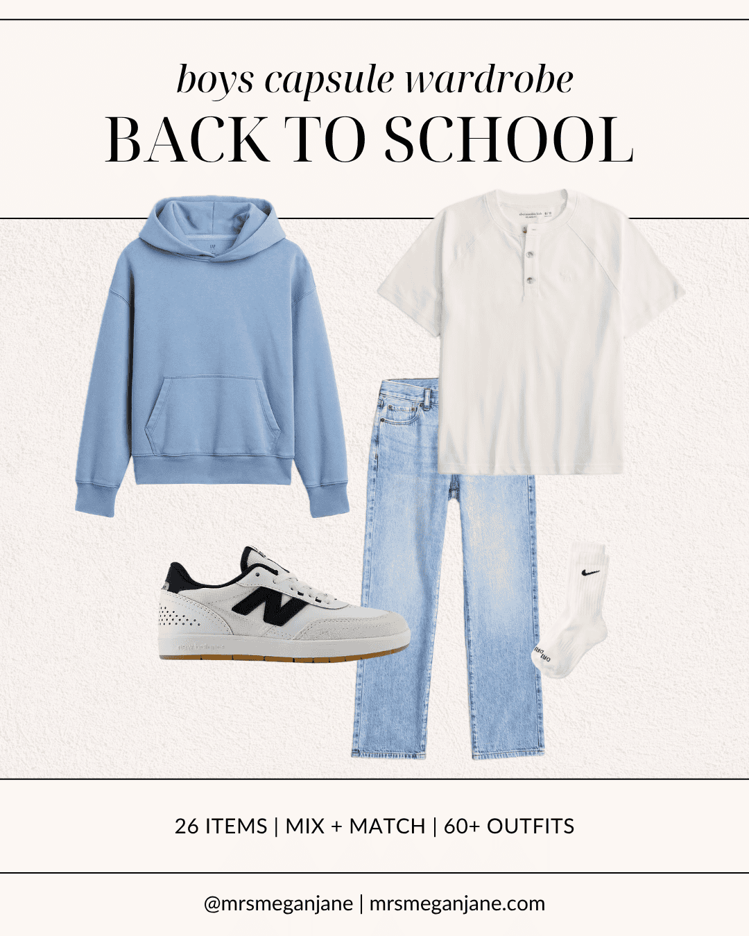 Boys mix and match school outfit with a light blue hoodie, cream henley, light wash jeans, and white sneakers
