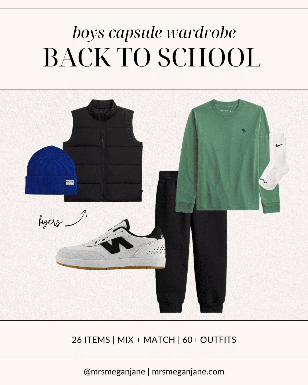 Boys back to school outfit with a green long sleeve tee, black joggers, black puffer vest, blue beanie, and white sneakers