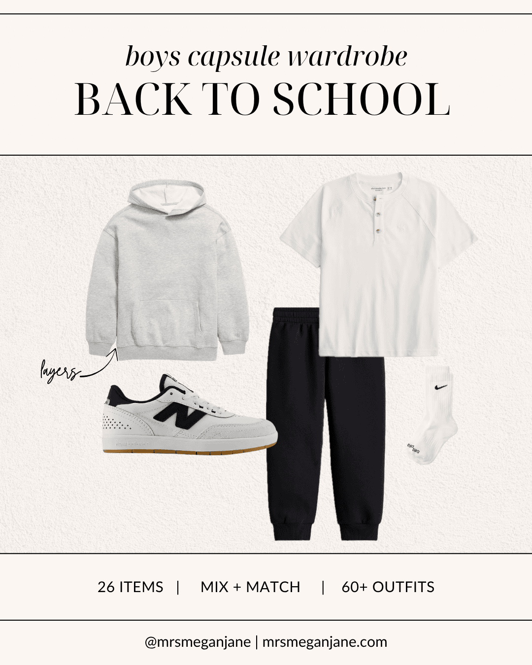 Boys layered school outfit with a grey hoodie, cream henley tee, black joggers, and New Balance sneakers