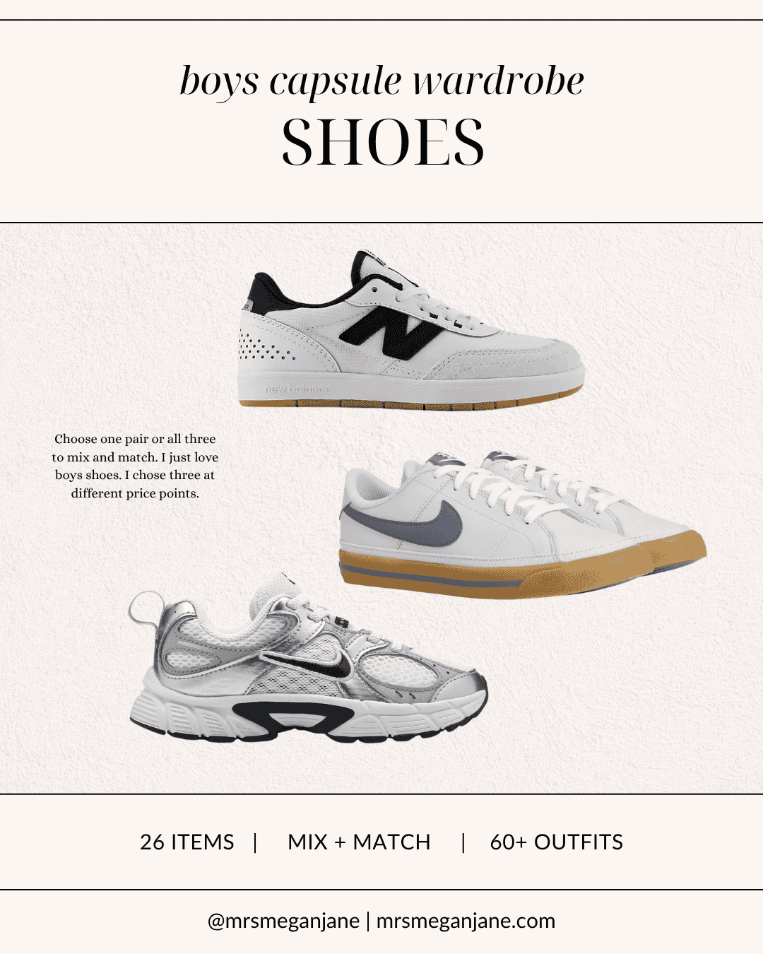 Three pairs of boys sneakers for school in white and grey — New Balance skate shoes and two Nike styles