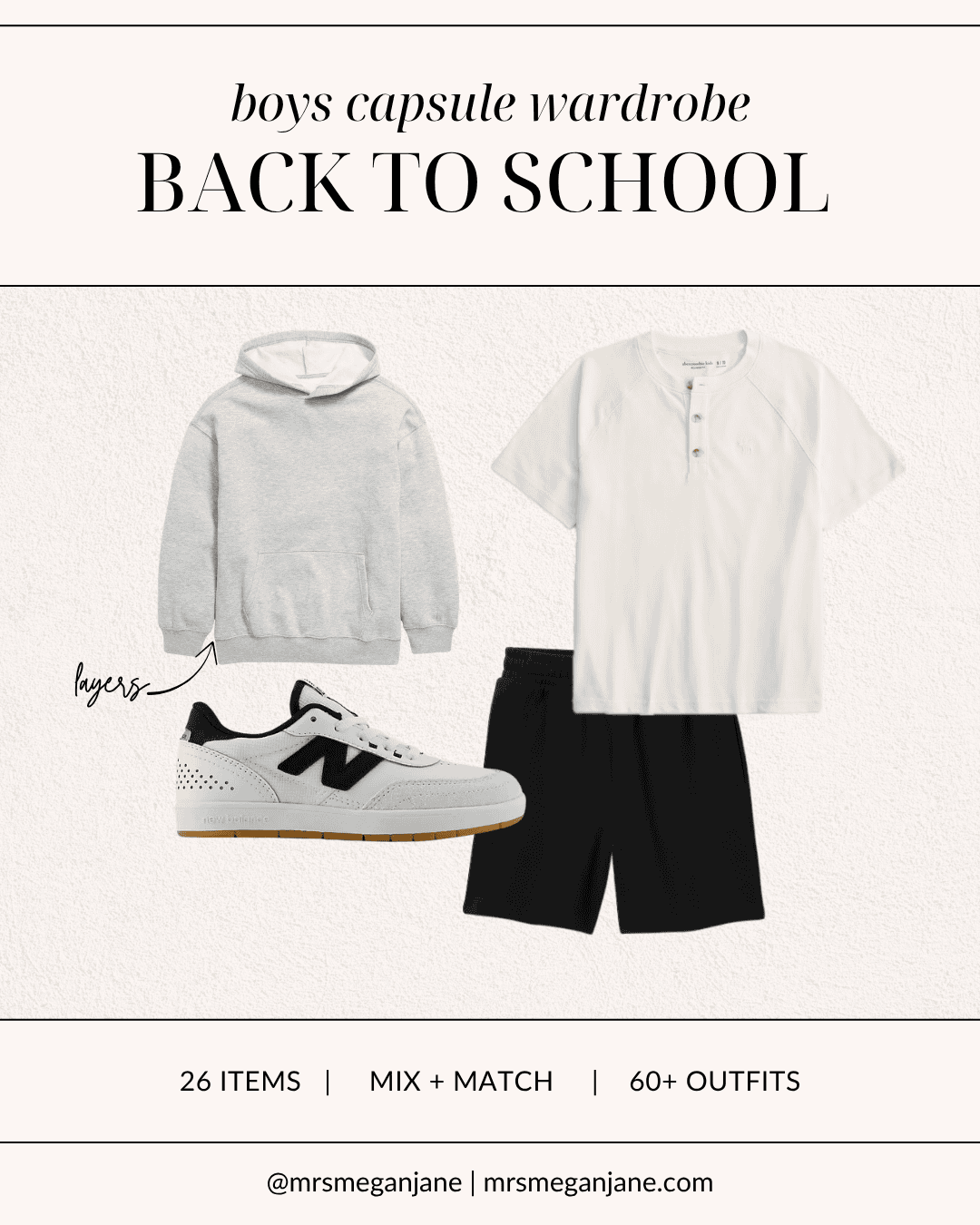 Warm weather boys school outfit with a cream henley tee, black sweat shorts, grey hoodie for layering, and white sneakers