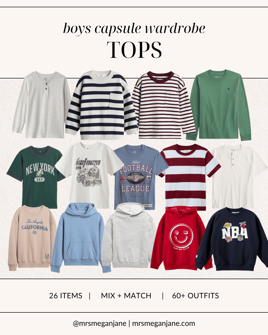 Fourteen boys capsule wardrobe tops including striped long sleeve tees, graphic t-shirts, henleys, and hoodies